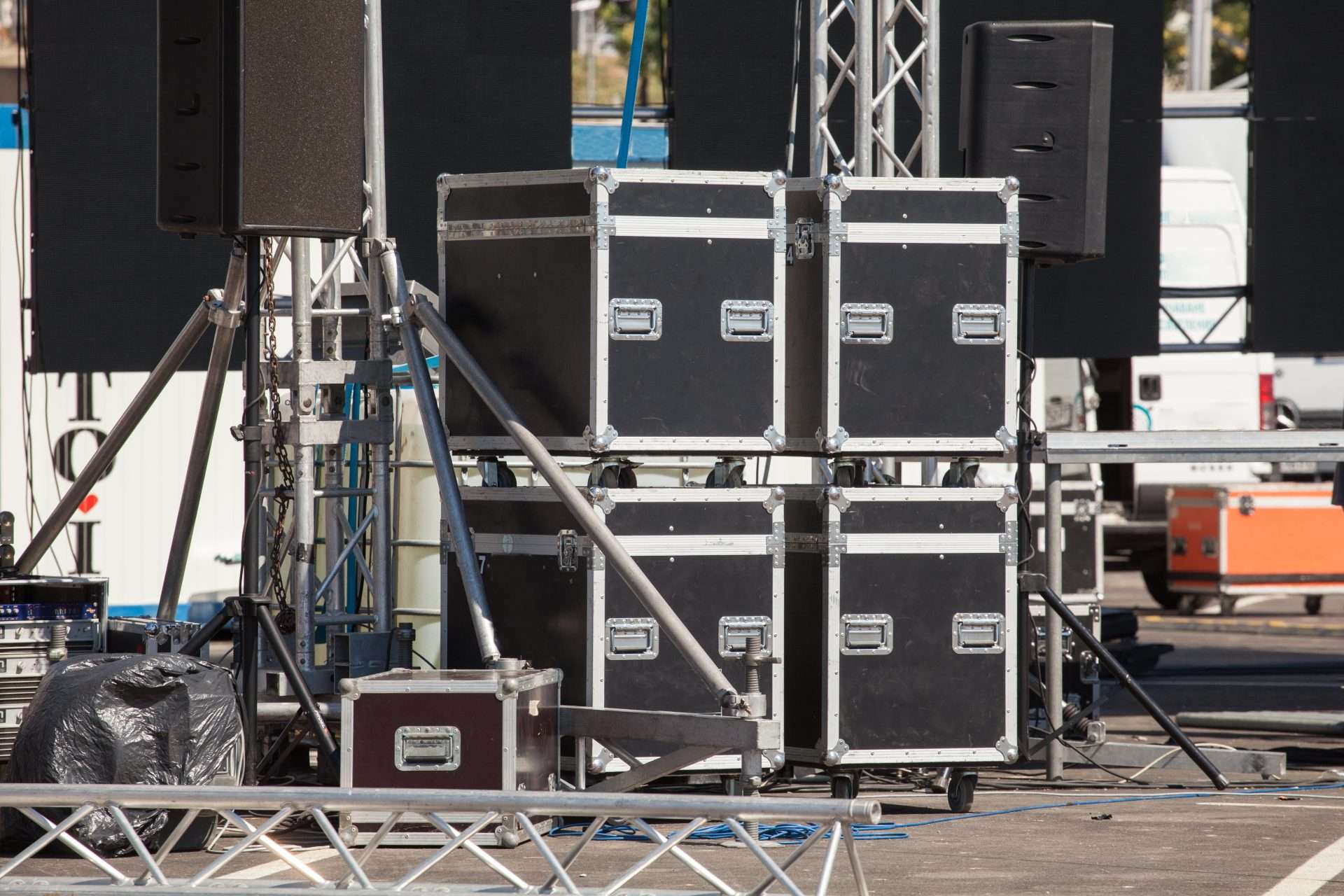Stage equipment on outdoor stage before concert