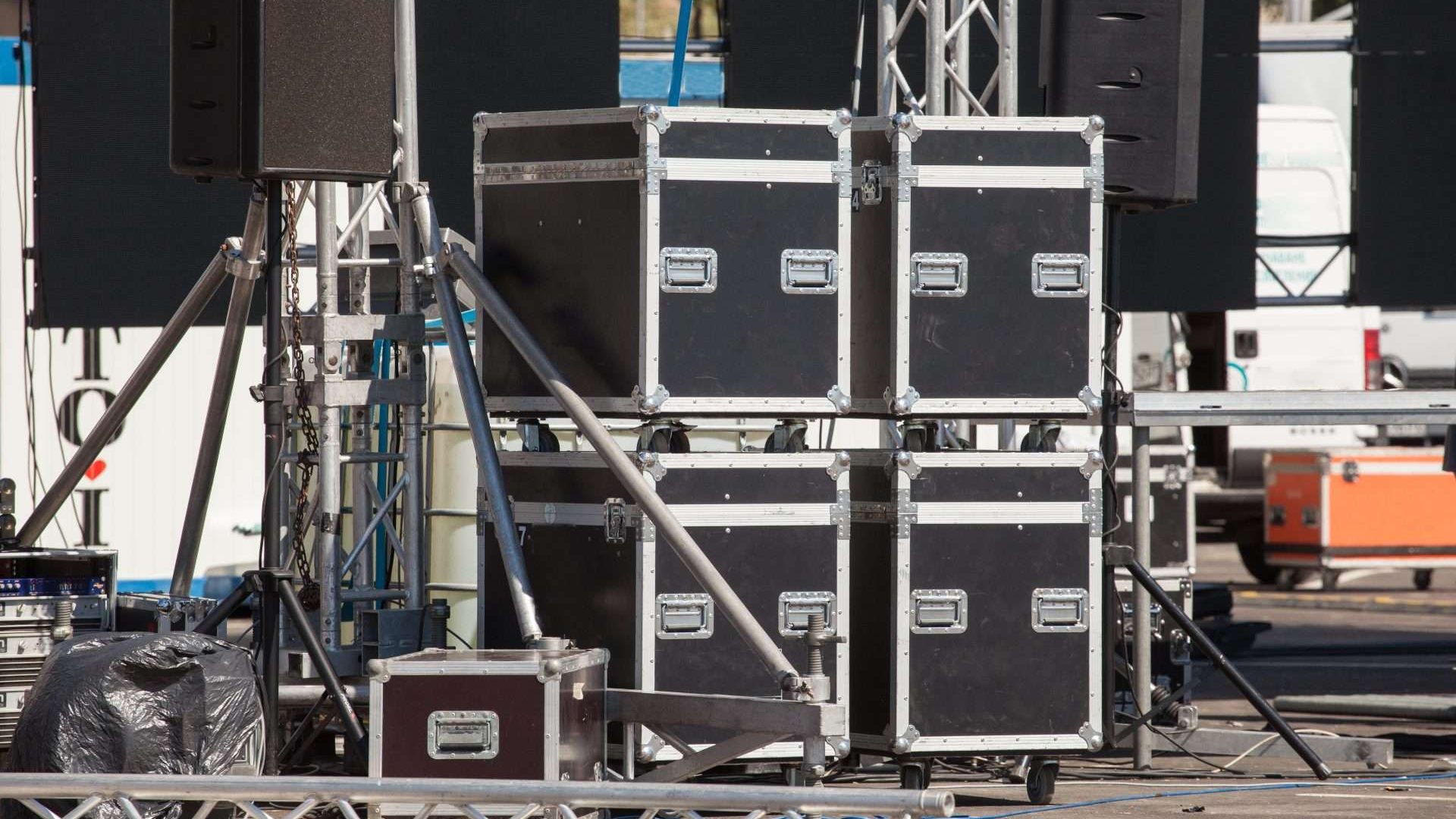 Stage equipment on outdoor stage before concert Stage equipment on outdoor stage before concert